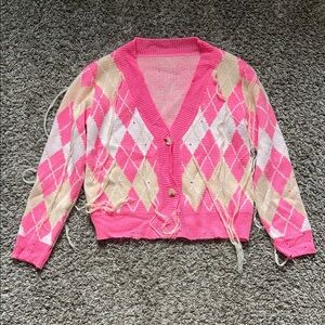 Pink Argyle Cardigan Sweater